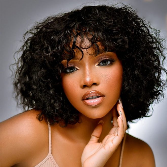 short curly wigs with bangs