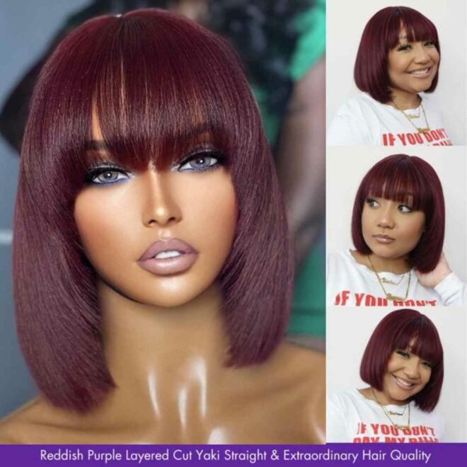Put On And Go Reddish Purple Layered Cut Yaki Straight Minimalist Lace Bob Wig With Bangs 100% Human Hair